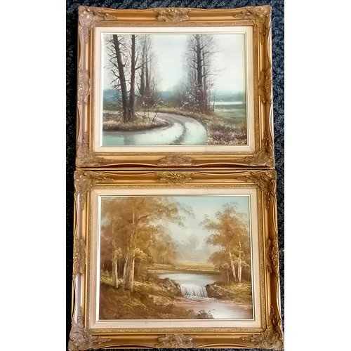 300 - 2 x gilt framed original scenic oil paintings on canvas (1 signed) - frames 57cm x 67cm