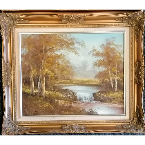 300 - 2 x gilt framed original scenic oil paintings on canvas (1 signed) - frames 57cm x 67cm