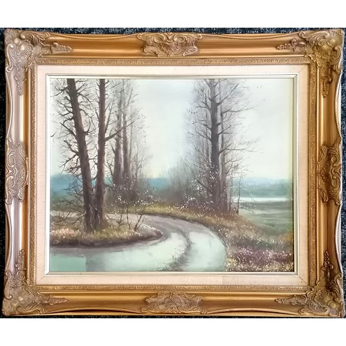 300 - 2 x gilt framed original scenic oil paintings on canvas (1 signed) - frames 57cm x 67cm