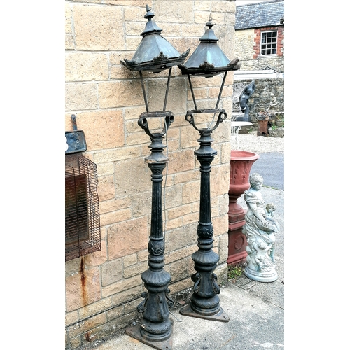 3 - Pair of cast iron street lamps with copper topped lanterns - missing their glass - 187cm high