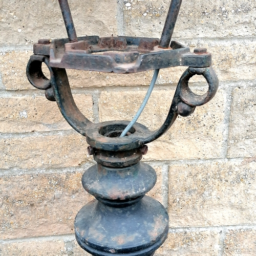 3 - Pair of cast iron street lamps with copper topped lanterns - missing their glass - 187cm high