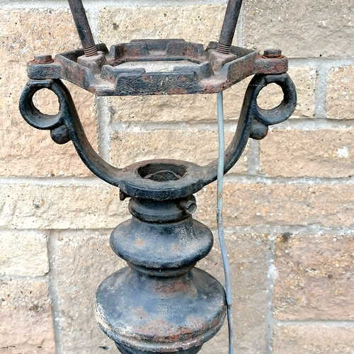 3 - Pair of cast iron street lamps with copper topped lanterns - missing their glass - 187cm high