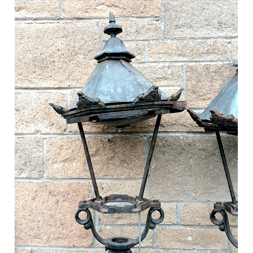 3 - Pair of cast iron street lamps with copper topped lanterns - missing their glass - 187cm high