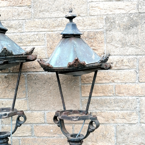 3 - Pair of cast iron street lamps with copper topped lanterns - missing their glass - 187cm high