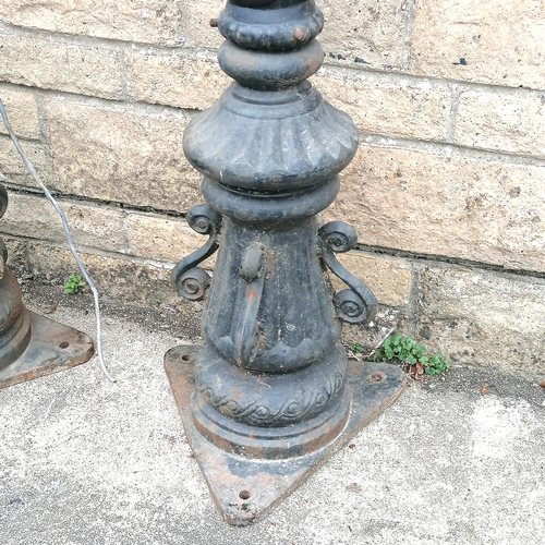 3 - Pair of cast iron street lamps with copper topped lanterns - missing their glass - 187cm high