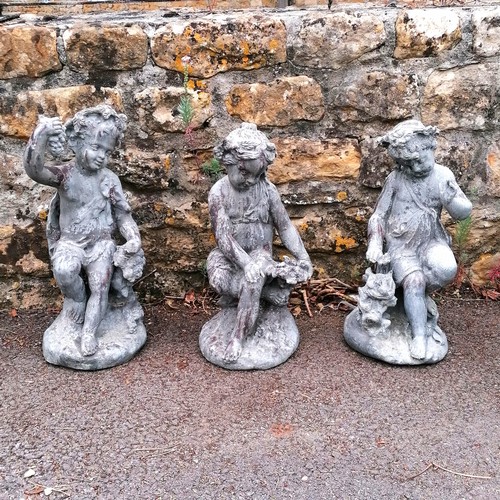 4 - Set of 3 antique seated putti lead figures holding flowers - no obvious damage - 45cm high