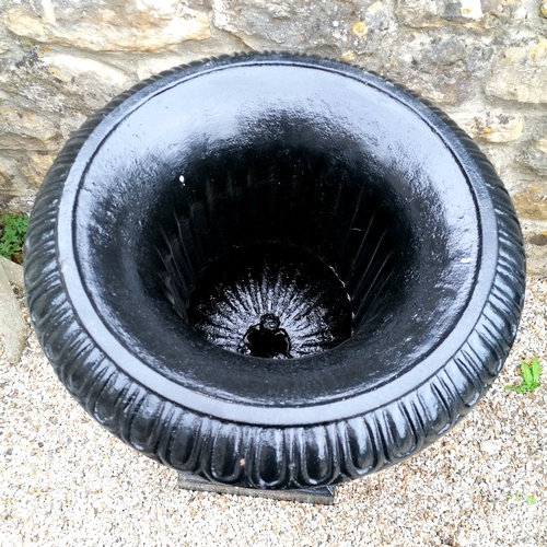 5 - Large pair of black cast iron fluted urns on stands - 36cm diameter base x 98cm high