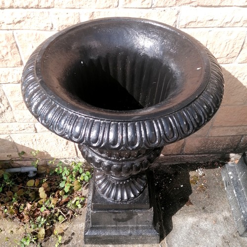 5 - Large pair of black cast iron fluted urns on stands - 36cm diameter base x 98cm high