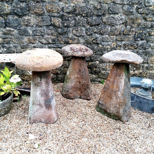 10 - 3 antique carved stone staddle stones - tallest 90cm