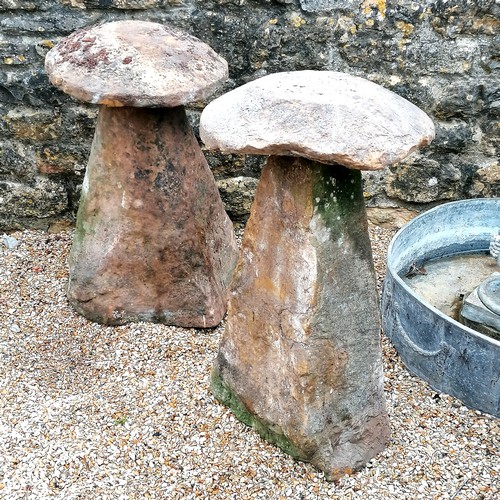 10 - 3 antique carved stone staddle stones - tallest 90cm