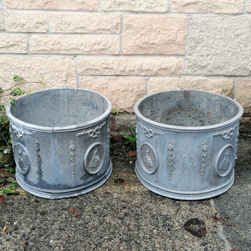 12 - Antique pair of circular lead planters - no obvious damage - 34cm diameter x 25cm high