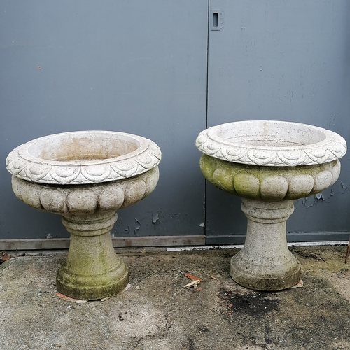 27 - Impressive pair of carved granite urns on pedestals in 2 parts - 70cm diameter x 74cm high