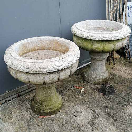 27 - Impressive pair of carved granite urns on pedestals in 2 parts - 70cm diameter x 74cm high