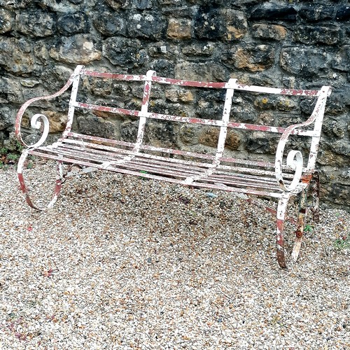 30 - Antique iron strapwork 3 seater bench in overall good used condition - 151cm x 74cm x 52cm