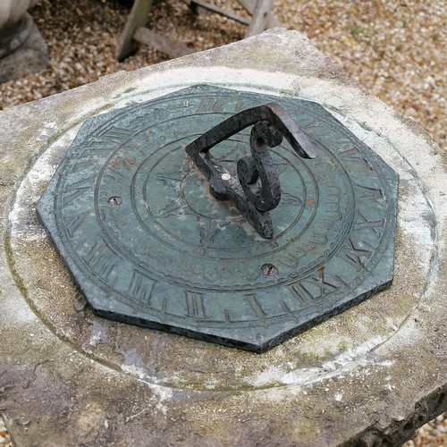 31 - Carved Portland stone sundial base with bronze sundial - 38cm diameter x 104cm high