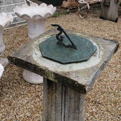 31 - Carved Portland stone sundial base with bronze sundial - 38cm diameter x 104cm high