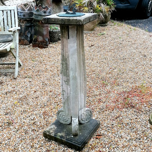 31 - Carved Portland stone sundial base with bronze sundial - 38cm diameter x 104cm high