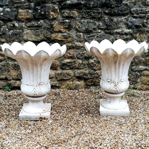 34 - Pair of large limestone composite tulip shaped pedestal urns with acanthus leaf detail - 60cm diamet... 