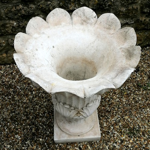 34 - Pair of large limestone composite tulip shaped pedestal urns with acanthus leaf detail - 60cm diamet... 