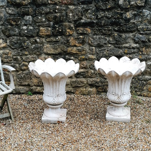 34 - Pair of large limestone composite tulip shaped pedestal urns with acanthus leaf detail - 60cm diamet... 