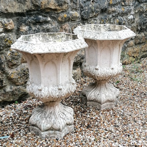 37 - Antique pair of French buff terracotta pedestal urns with gothic arch and acanthus leaf detail - in ... 