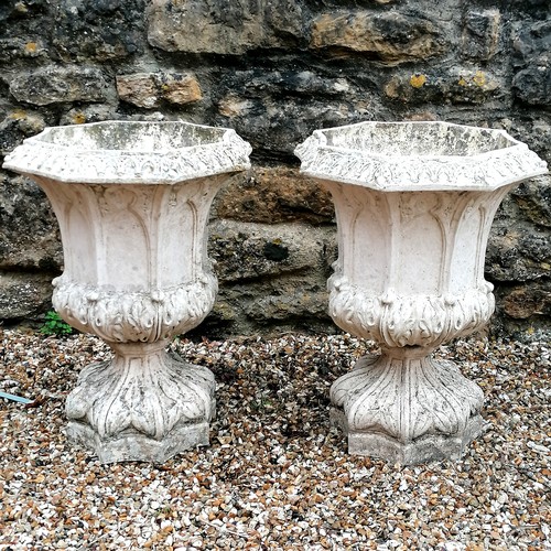 37 - Antique pair of French buff terracotta pedestal urns with gothic arch and acanthus leaf detail - in ... 