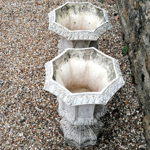 37 - Antique pair of French buff terracotta pedestal urns with gothic arch and acanthus leaf detail - in ... 