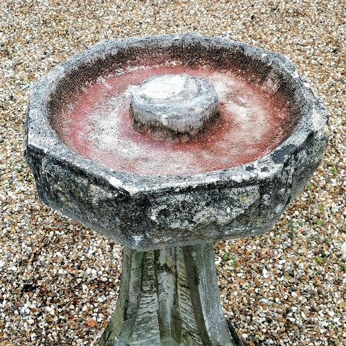 38 - Antique carved stone birdbath on a concrete pedestal base in 2 parts - total height 84cm x 43cm diam... 