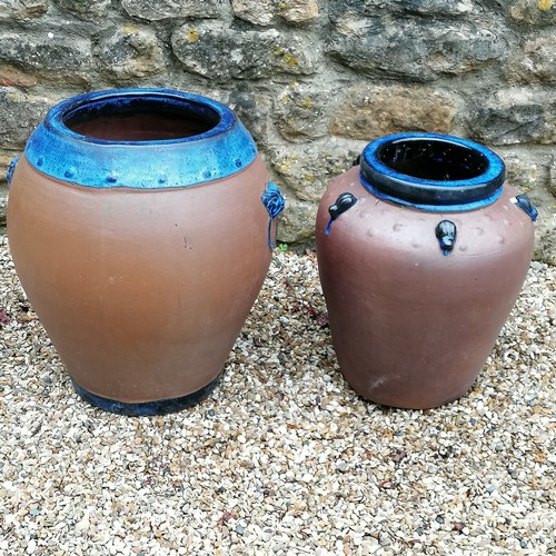 41 - 2 terracotta pots with blue glazed detail- tallest