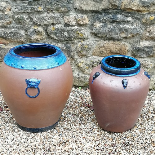 41 - 2 terracotta pots with blue glazed detail- tallest