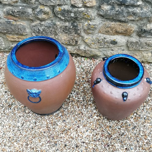 41 - 2 terracotta pots with blue glazed detail- tallest