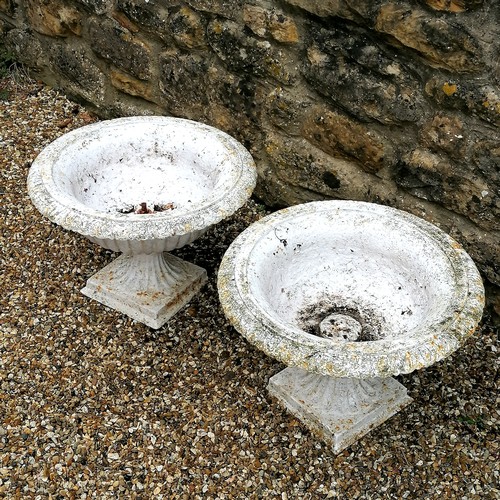 44 - Antique pair of cast iron fluted pedestal urns - in good used condition - 56cm diameter x 36cm high