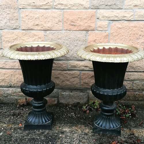 48 - Antique pair of cast iron urns with later gold paint detail - 43cm diameter x 56cm high