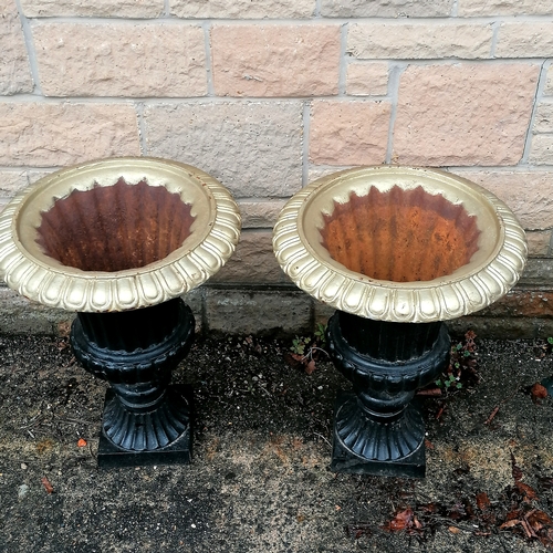 48 - Antique pair of cast iron urns with later gold paint detail - 43cm diameter x 56cm high