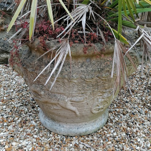 51 - Pair of Sandford Stone planters with horse and chariot detail planted with Fan palms - 42cm high x a... 