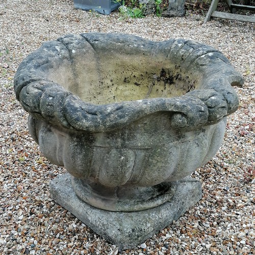 56 - Large circular planter with a square base and scalloped detail to the rim - 68cm diameter x 47cm hig... 