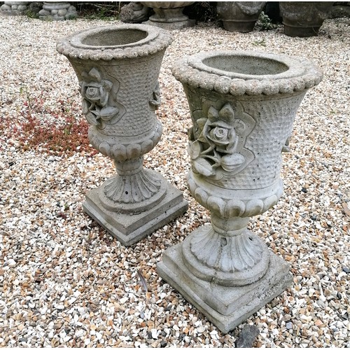 61 - Pair of circular pedestal planters with flower detail - 25cm diameter x 47cm high