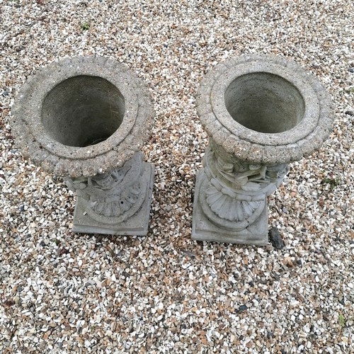 61 - Pair of circular pedestal planters with flower detail - 25cm diameter x 47cm high