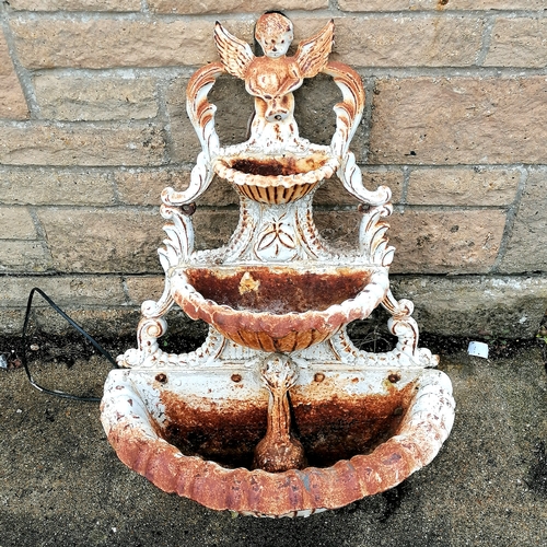 68 - Cast iron 3 tier wall mounted water feature with cherub and dolphin detail - 67cm high x 29cm diamet... 