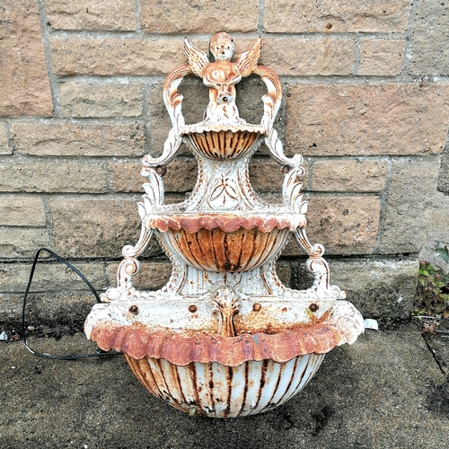 68 - Cast iron 3 tier wall mounted water feature with cherub and dolphin detail - 67cm high x 29cm diamet... 