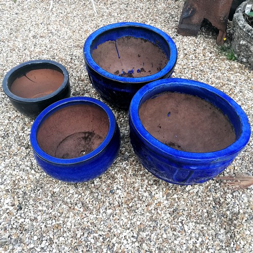 72 - Pair of blue glazed circular pots T/W 2 smaller - largest 42cm diameter x 27cm high