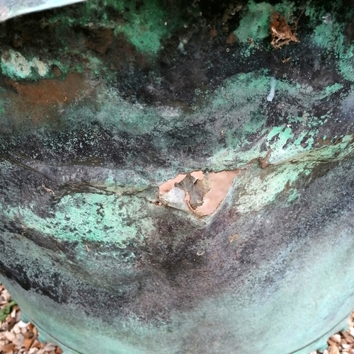 96 - Antique green patinated copper planter - has some damage - 63cm diameter x 44cm high