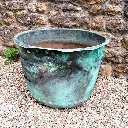 96 - Antique green patinated copper planter - has some damage - 63cm diameter x 44cm high