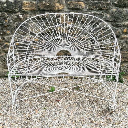 100 - Wirework garden 2 seater bench circular table and 2 armchairs - the bench has damage near the back f... 