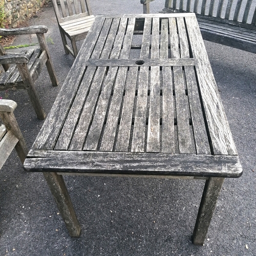 102 - Bridgman teak 3 seater bench table and 3 chairs- obvious damage to the table and 1 chair - 182cm lon... 