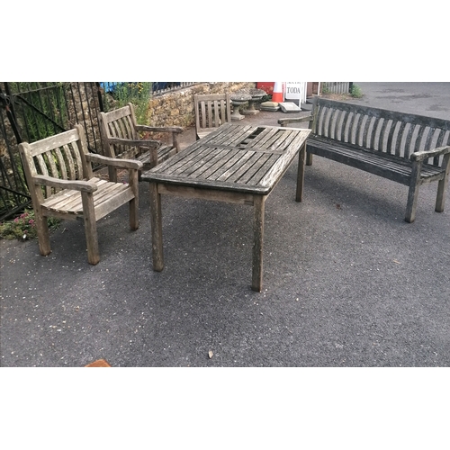 102 - Bridgman teak 3 seater bench table and 3 chairs- obvious damage to the table and 1 chair - 182cm lon... 