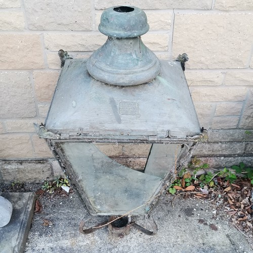 104 - Large antique copper lantern - 112cm high x 46cm x 46cm ~ missing finial & glass needs replacing