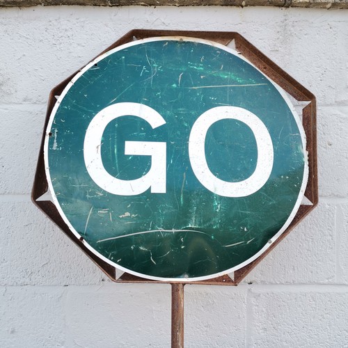 106 - Vintage STOP GO aluminium sign in a cast iron mount - 210cm high