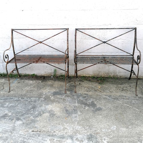 105 - Pair  iron 2 seater benches 95cm wide x 90cm high x 46cm deep