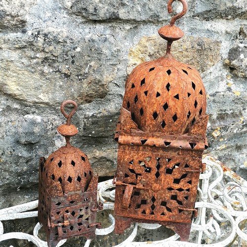 111 - 3 Moroccan metal lanterns largest 2 40cm high x 13cm x 13cm